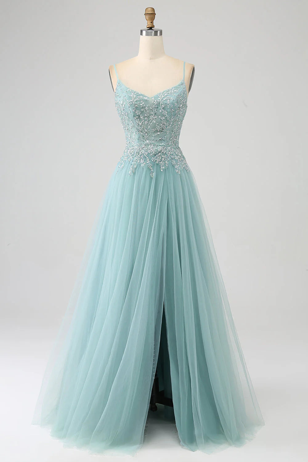 Vestido de fiesta con corsé, apliques de lentejuelas y corte A brillante con abertura